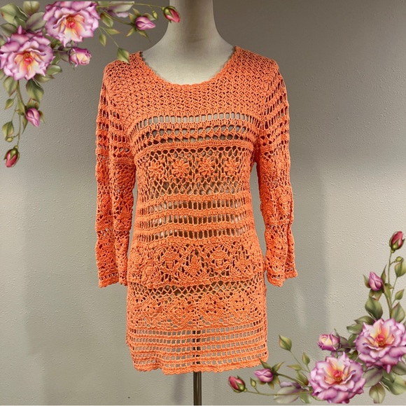 Dress Barn Sweaters - DressBarn Orange Crochet floral‎ Sweater bohemian cottagecore style